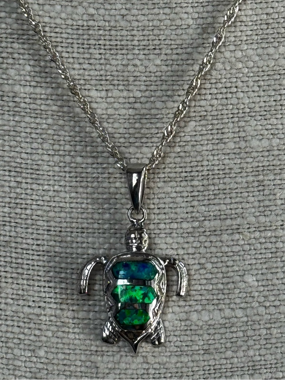 Silver Turtle Pendant Necklace with Blue-Green Opal Inlay